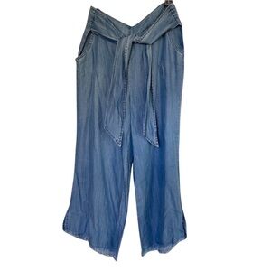 Billy T Chambray Soft Wide-Leg Crop Pants with Tie Waist  | Size Medium | Fringe